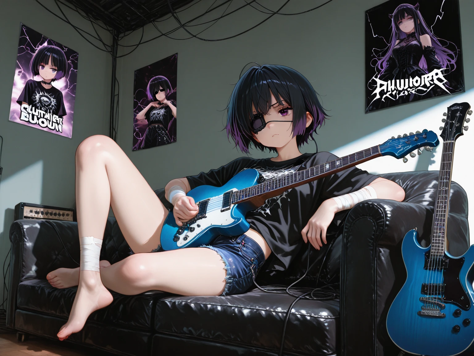 there is a blue hair woman that is laying down on a bed,holding an electric guitar in her lap ( Les Paul guitar), Guviz-style artwork, style of anime4 K, Ross Tran 8 K, Digital cyberpunk anime art, Guweiz in Pixiv ArtStation, Guweiz on ArtStation Pixiv, e - girl, E-Girl, cyberpunk anime girl, Fanart Meilleure ArtStation,lean legs,blacksilk, look from above