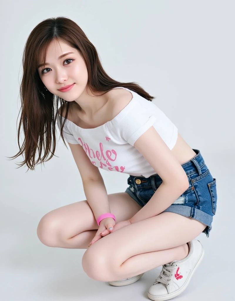 (white panties:1.3),(Looking directly at Viewer:1.5),(big smile:1.2)32K, masterpiece, Raw photo, Best Quality, Photorealistic, Highly detailed CG Unity 32K wallpaper, depth of fields, Cinematic Light, Lens Flare, Ray tracing, (Extremely beautiful face, Beautiful lips, Beautiful eyes), intricate detailed face, ((Ultra detailed skin)) 1girl in, deep shadow, Cutest Pretty Japanese girl, Super Idol, 1 girl,(Happy smile:1.3), Clear eyes, Front shot, (pale skin), (Big eyes:1.2), Face forward, (Brown hairs), thick thighs, (denim skirt:1.1),(double eyelies:1.3),long eyelashes ,balanced elegant face,(small mouth:1.1),drooping eyes, cubby ass, big hip