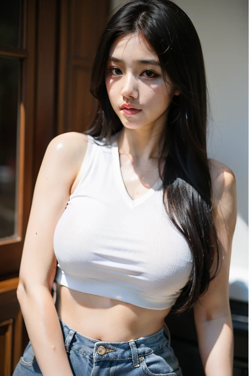 ((best quality)), ((masterpiece)), (detailed), Beautiful Korean woman,8K,sports bra,sports jeans, (realistic`plus ultra), korean model, full body, perfect shaped breast, H cup, slim woman, (sexy pose), tongue out, eye up,two fingers up, standing,shadow, mega realistic