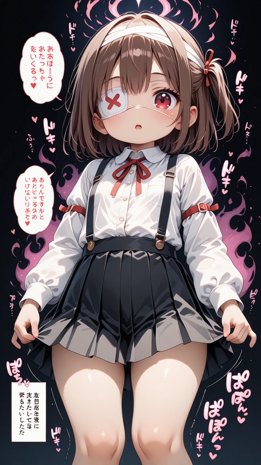 masterpiece, best quality, amazing quality, very aesthetic, absurdres, cute, kawaii, cute round face, slender, detailed eyes, detailed hair, dark background, aura,
cute chibi girl, deformed, red eye, eye patch, arm bandage, long-sleeved white shirt, black suspenders, black pleated skirt, amazing thighs, talk, many text, (((A lot of dialogue))), (((lots of japanese sound effects))), comic style, 