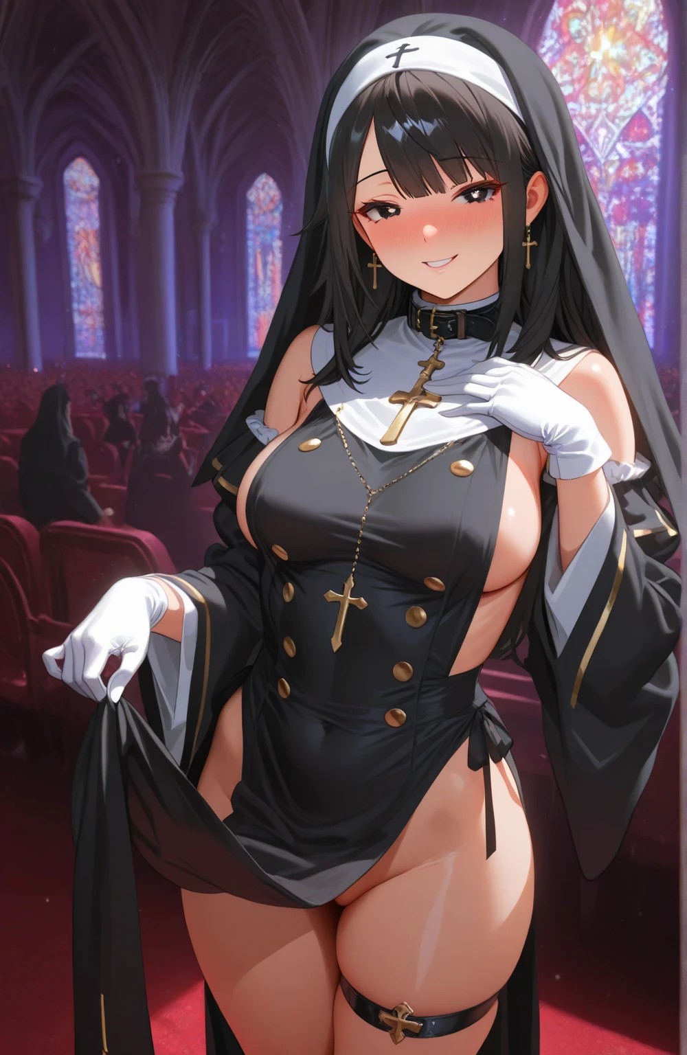sexy nun, naked, cross on her tits,bible in her hands,illustration,seductive pose,charming smile,beautiful detailed eyes,intense gaze,soft lips,long eyelashes,shiny black hair,rosy cheeks,fair skin,flowing robe,golden cross pendant,soft lighting,vivid colors, thighs, breast, ass, seductive, spicy, hot, horny, nipples, pussy,