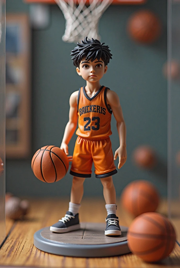 The character is a basketball player with curly hair. He wears a yellow basketball accessory on his right arm and two black basketball accessories on both legs.. Your sneakers are the MV 0.3 da Porsche, como os usados por Lamelo Ball. Ele tem uma pele negra, but not too dark, more for a medium skin tone. He wears jersey number 30 during games.