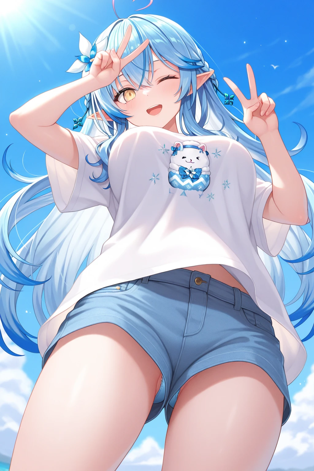 (best quality, masterpiece), 1 girl, centaur, It takes, White skin, Korean ,Smiling,exposing the abdomen,belly button t-shirt, 아름다운 소녀 perfect white tiger photo, perfect white tiger photo