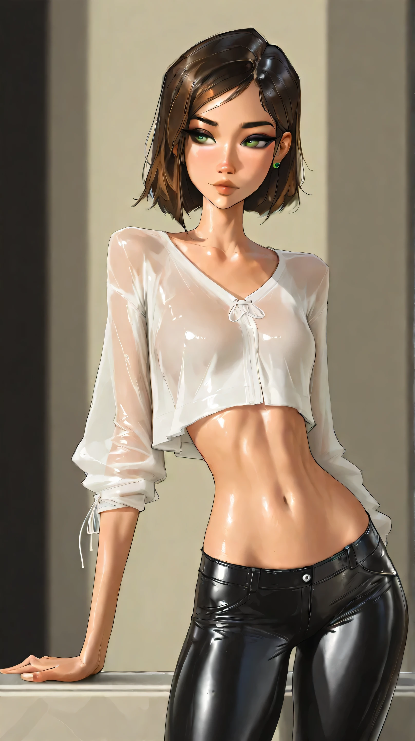 (masterpiece)(8k)(cute)(25-year old woman)(1girl:1.5)(solo:1.8)(dynamic pose)(wild messy hair:1.3)(short hair:1.3)(orange hair)(flat chest:1.6)(flat stomach:1.4)(white bandana:1.2)(lime green pupils)(glossy skin)(glossy lips:1.3)(glossy eye-shadow:1.5)(shiny)(choker necklace)(t-shirt:1.5)(translucent panties)(cameltoe:1.3)(sweaty:1.5)(knee high socks:1.3)(seductive:1.3)(steamy) rossdraws pastel vibrant, rossdraws cartoon vibrant, style anime 8k, beautiful portrait, artgerm colorful!!!, ! dream artgerm, beautiful anime girl, styled digital art, art wallpaper 8k, digital art, extremely detailed artgerm,