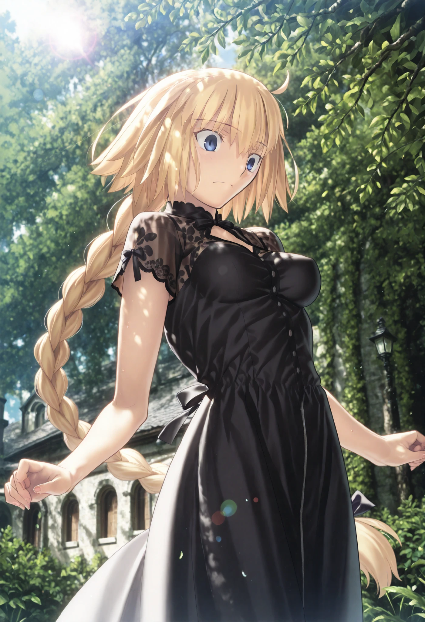 masterpiece, , absurdres, highres, detailed background, high resolution, masterpiece, necessary, detail, best quality, quality, necessary, details, High details, Precise, 8k, outdoors, dappled sunlight, day, lens flare, blurry background, , from below:0.7,
1girl, , Takeuchi Takashi (type-moon,tsukihime) style, takeuchi takashi style, , jumping, ,cowboy shot,
girl, slim arms, jeanne d arc, \(fgo\), blue eyes, wide eyed, jeanne d arc, blonde hair, medium hair, , single braid, ((very big braid, huge braid)), , summer long dress, black lace dress, short sleeve, side slit, medium breasts, looking down, closed mouth, ,