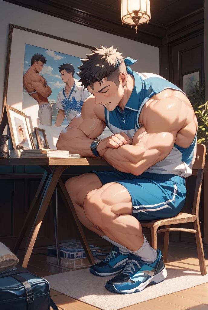 Double，Show your thick arms to the audience，closeup of arms，Thick arms，（masterpiece，best quality，H），1 person，Nude boy，Very shy，My face turned red，Shy，muscular，Delicateeyes，nude，(nude)，blue eyes，Shirtless，Body，Blue purple short hair，（fluorescent lamp），（a color），（（Blue Background）），Shorts with white stripes，White textured socks，