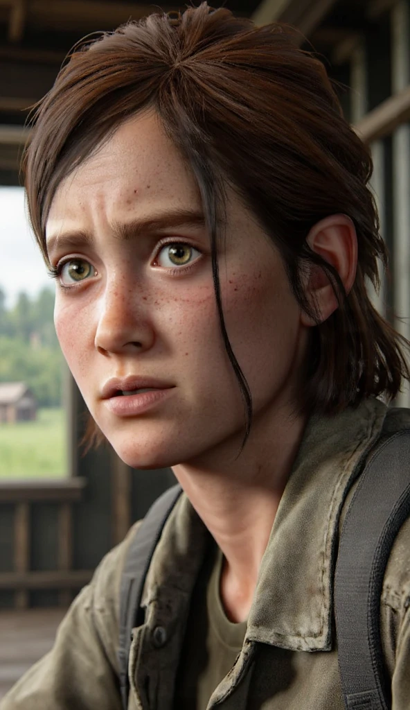 (last of us: 0.9), (ellie: 0.9), natural hair, realistic portrait, 4k, super detail, high detail, art station, smooth, hard focus, cinematic lighting, camera facing, dark studio, rim lighting, dual color lighting, dim lighting, discreet key,