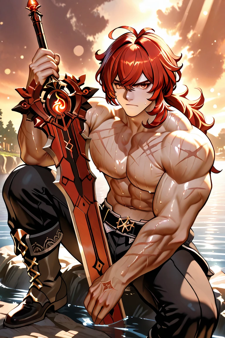 wilnas,  granblue fantasy, (masterpiece:1.5), (best quality:1.5), (high quality:1.5), (solo:1.27), (muscular male:1.27), (bara:1.27), satisfaction, happy, pleasure, (dynamic angle:1.21),(dynamic hair:1.27),(detailed pupils:1.21),looking at viewer, (dynamic pose:1.15), (beautiful detailed hands:1.21), illustration, (cinematic light:1.15), ultra detailed, (disheveled hair:1.34), big bulge, (large pectorals:1.3), pectoral cleavage, sidepec, (abs:1.3), (thighs:1.3), (bulky:1.2), novel_illustration, anime_screencap, flaming sword, explosion, male focus, fire, fiery wings, fiery hair, flame, pyrokinesis, breathing fire
