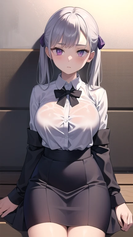 photorealistic, (4k), depth of field, (Masterpiece), (realistic skin texture), extremely detailed, intricate, hyper detailed, high resolution, professional photography, bokeh, sharp detail, best quality, woman, standing, japanese style, no cloth, shining breasts, blush, blush on face, looking at viewer, frieren, long hair, twintails, (green eyes:1.5), grey hair, pointy ears, elf, job skirt, white shirt, shirt is wet, wet shirt, transparent shirt, seductive, unbottened, small breasts, , nipples under shirt, unbuttoned, unbuttoned shirt, nipples can see, woman job skirt, job skirt, black skirt, panties pull, undressing, from below