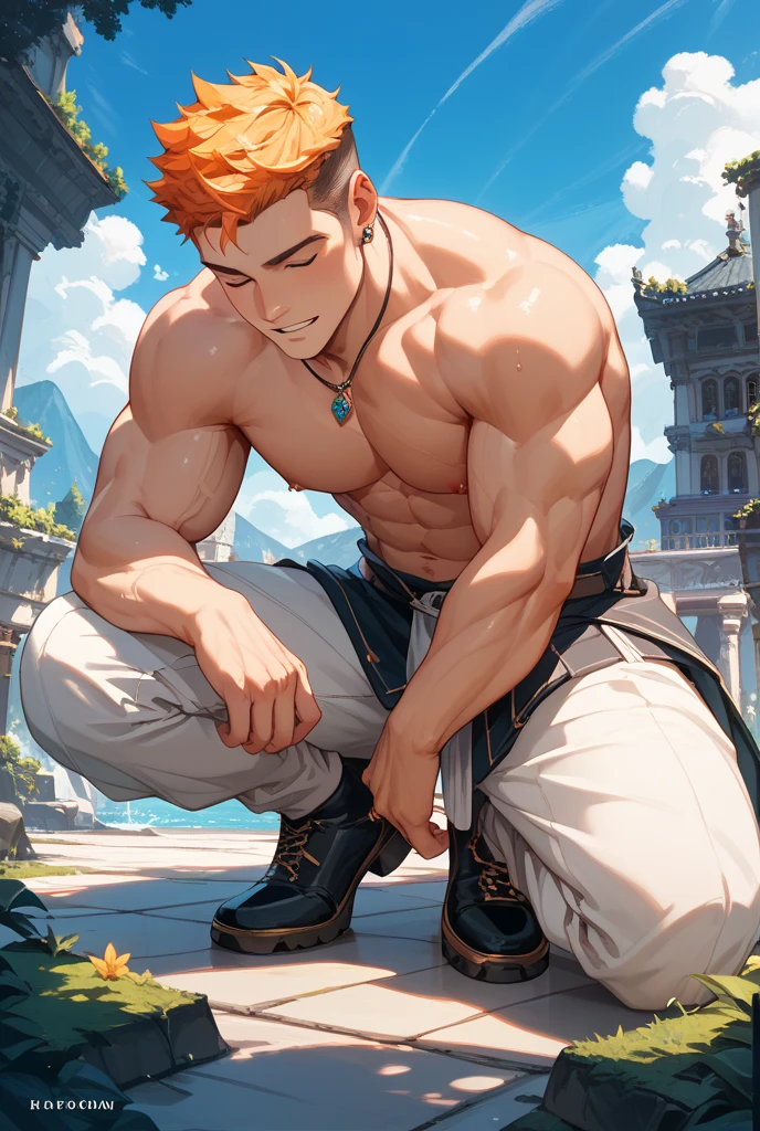 In a scenictableau enveloped by rocks, lush greenery, and a clear azure sky, a youthful boy takes center stage in full view. His fiery tangerine hair cascades down to his shoulders, framing his sun-kissed freckled face. His gaze is a mesmerizing symbollof strength and tranquility, locked onto his chiseled features, boasting a defiantly handsome nose.

Exuding an irresistibleure, he unveils his toned legs, swathed in a short, diaphanous toga. Its delicate fabric teasingly reveals his perfectly sculpted form, leaving onlook