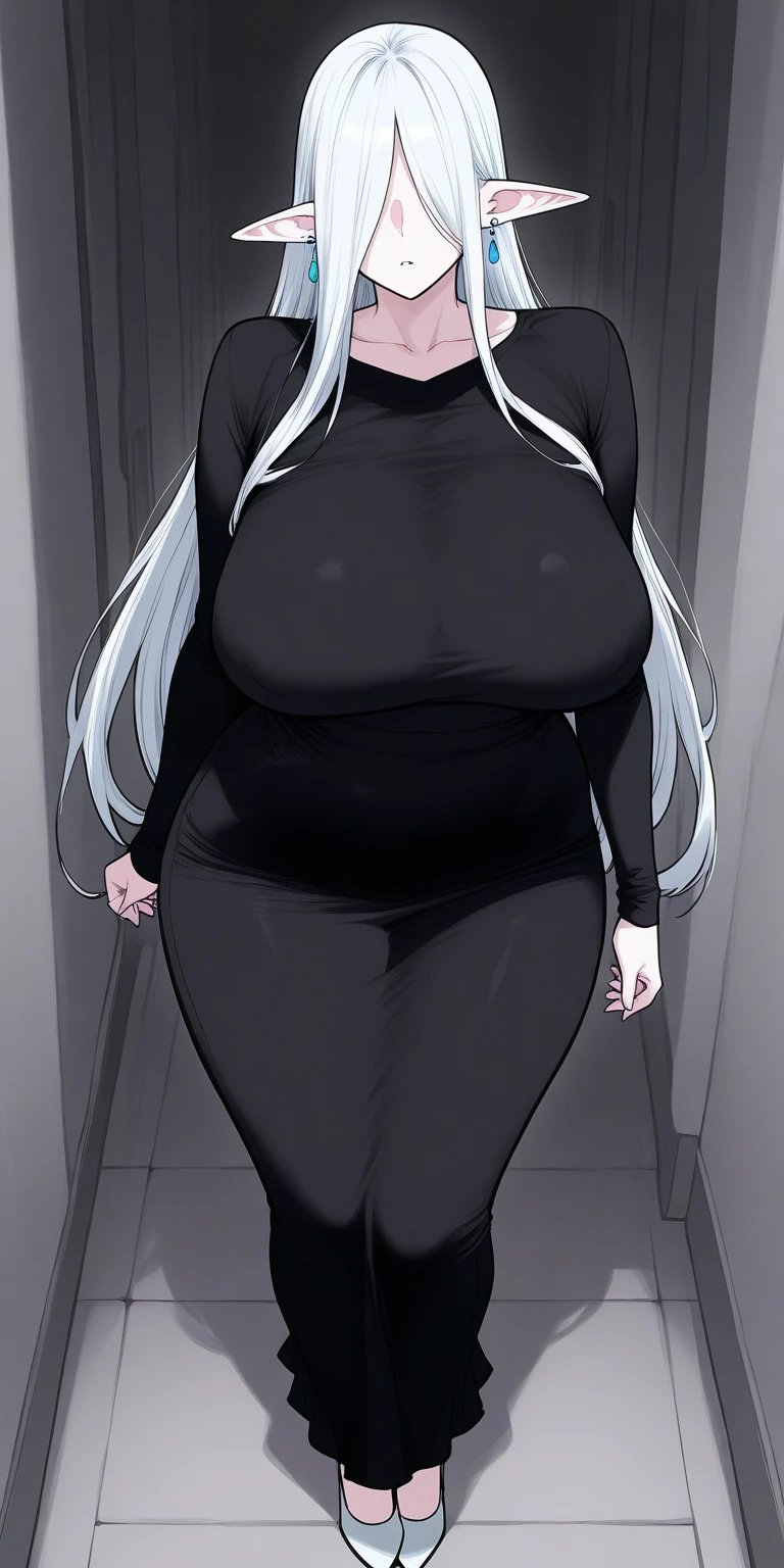 anime style girl 1,70 long light gray hair shark teeth and gray eyes and light gray pupil very thick legs but almost no breasts posing in front of the gym mirror while wearing black sports clothes