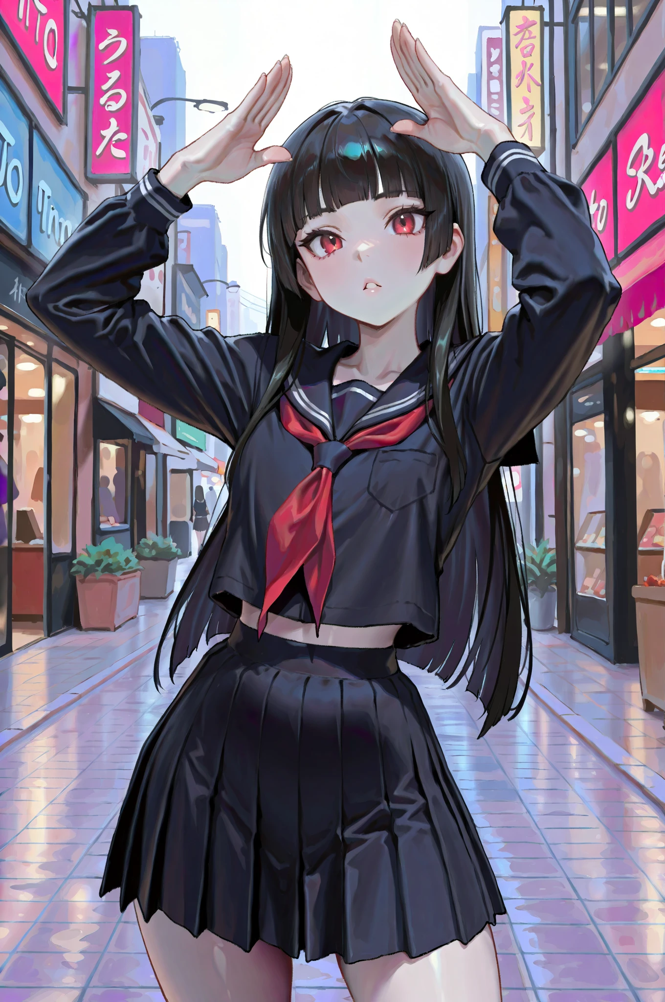 Una criatura sacada de las peores pesadillas. cuerpo femenino, shark teeth, ((4 brazos extra monstruosos que salen de su espalda de un materia viscosa de color negro)), ((halo brillante en su cabeza)), ojos rojos. You're in a school classroom with a threatening attitude. ((Brazos dobles viscosos y afilados)) ((viscous black liquid))