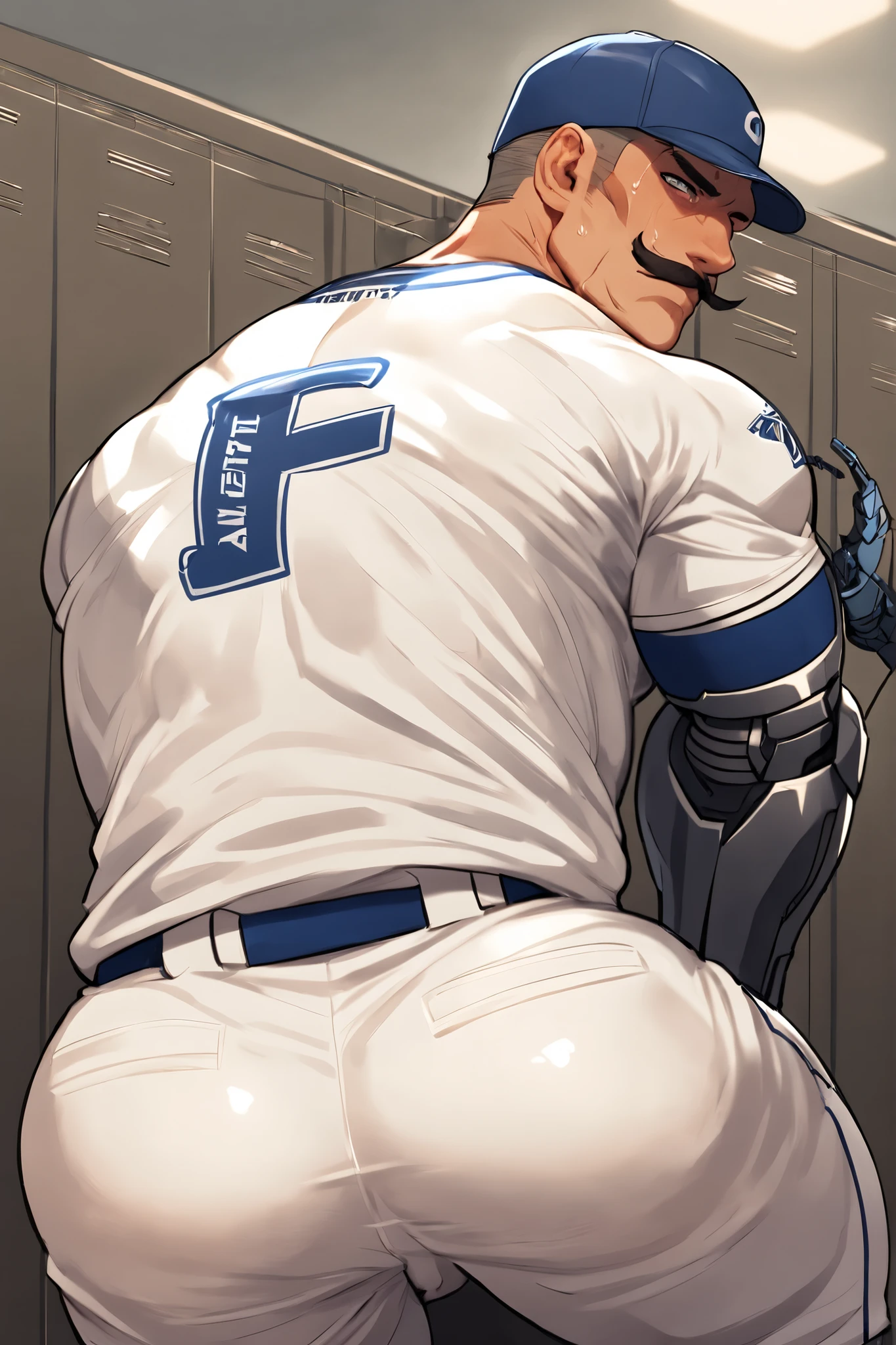 A middle-aged robot man, Detailed face, Captivating look, moustache, Masculine face, Muscular body, Prominent veins, wearing baseball uniform, Bending over with his butt facing me, baseball club coach,locker room, sweaty body, alone, only a man, Captivating bottom, Looking towards me, mechanical arm, He has a lustful look on his face.