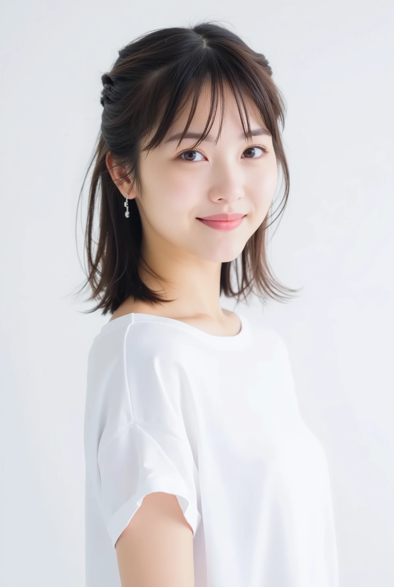 medium hair with a torn , straight hair, top quality, 1 beautidebtul woman, 20 years old, white t-shirt, 35mm lens, debt/1, Cowboy Shot, (white background: 1.3)
ponytails