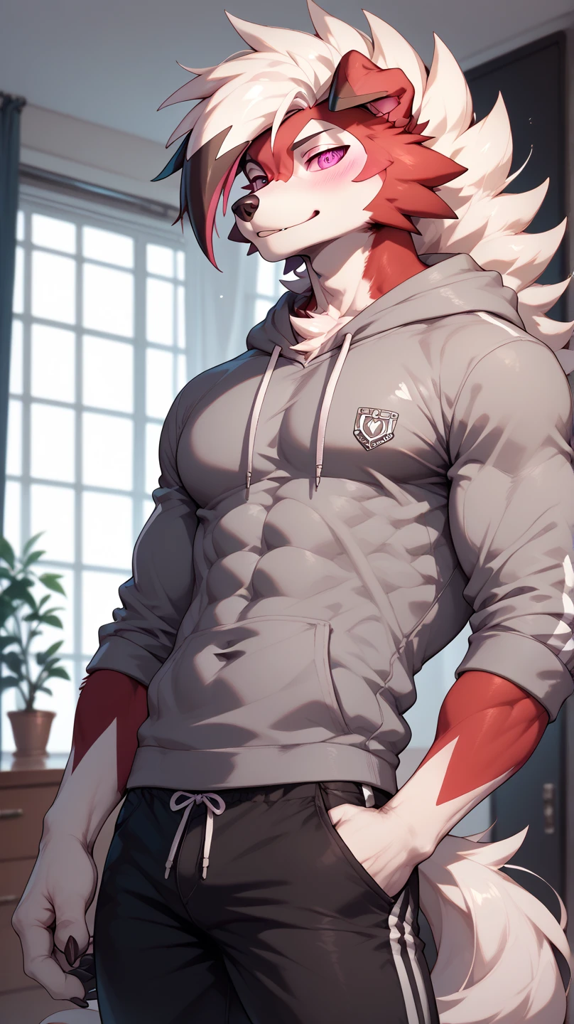 ((((((1boy)))))), fluffy white hair, wolf ears, wolf tail, slim figure, ((pale skin)), RED eyes, dead expression, living room setting, seductive smug, baggy black hoodie, lean figure, big thighs, very slim waist, extremely big butt, bulge, thigh highs, blush, shirtless