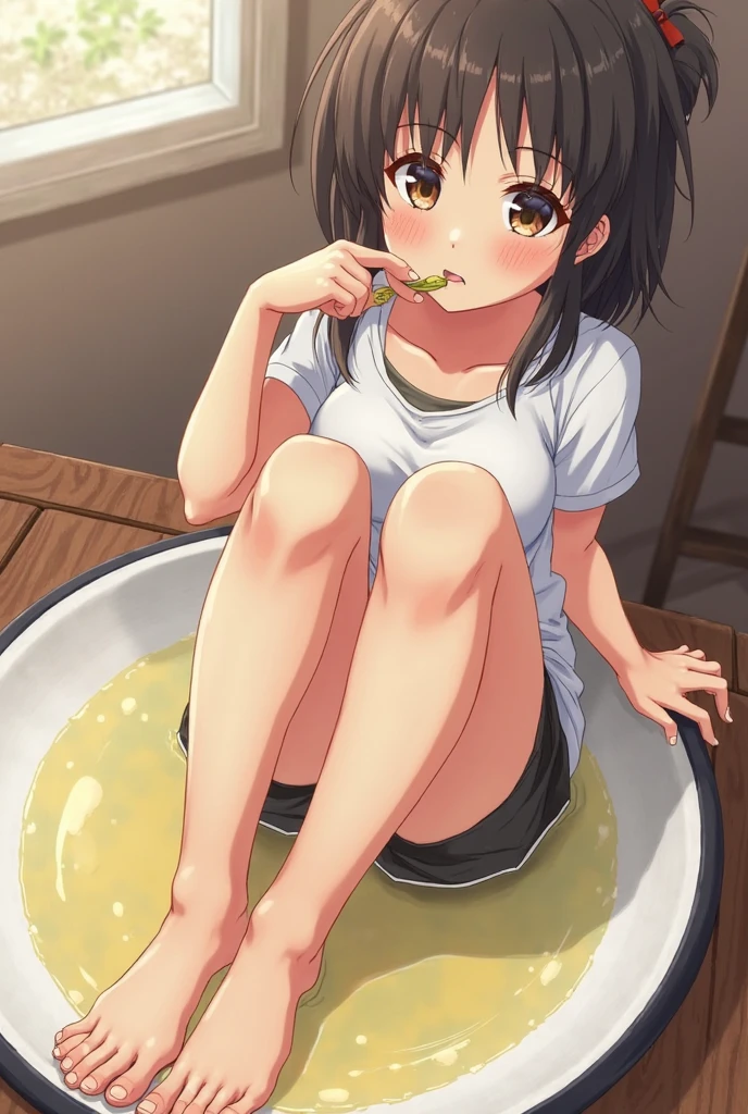 beautiful white slim girl, dark hair, bottomless, bare legs, barefoot, pee, peeing,white t-shirt with a lemon, lemonade stand, lemonade, massive pee puddle, lemonade glass, happy, smiling, masterpiece, very detailed, detailed skin, pussy, full body, collecting pee, sitting on the counter, spread legs
