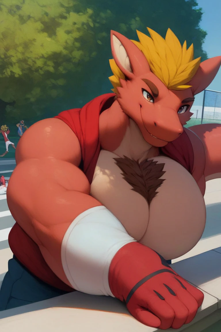 Bowser, male, long red hair, red fur, muscular, red hairy chest, side view, round butt, tail, sitting down, naked, fully naked, nudity, hd 8k, happy