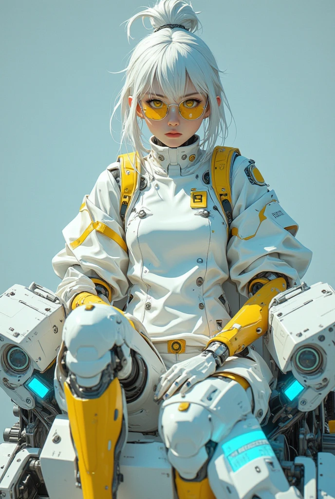 8k , capolavoro, Supreme quality,  Cyborg girl dressed in school uniform , body blu e bianco, sunglasses with blue lenses, black hair pixie cut, spalle robotiche, sitting on a high-tech device, shoot a giant 60's robot, bright blue elements, elegant sci-fi design, clean and white aesthetics, cavi e fili, tecnologia avanzata, render 3d, iperrealistico, texture dettagliate, studio lighting, dark city background, stile cyberpunk