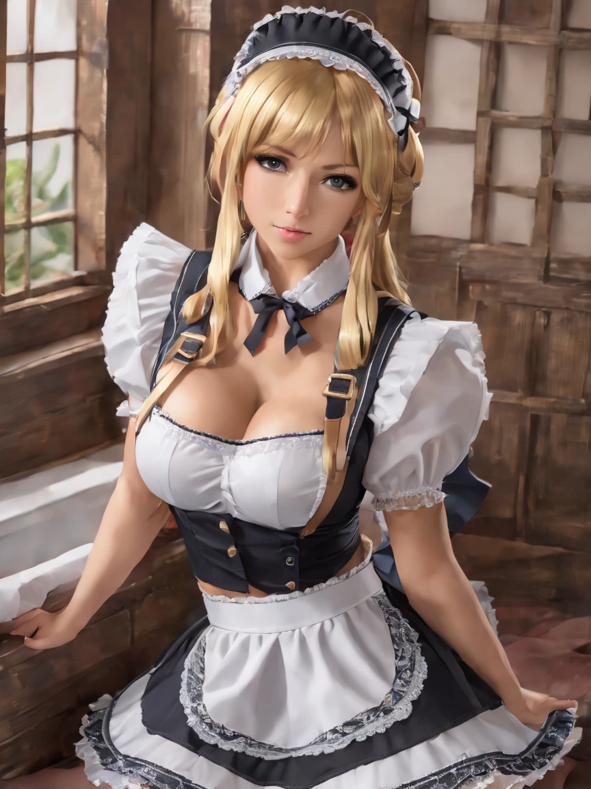 14-year-old girl in maid outfit with big breasts (Gothic style) torn skirt golden body proportion messy blond hair (inner splayed feet) (very detailed CG unity 8k wallpaper) big breasts torn skirt ruddy and shy Ed Blinkey America's most beautiful body art, ATey Ghailan, painting by Jeremy Professional Gorgeous Mann, Greg Manches, Antonio Moro, Artstation Trends, CGSOC IETY TRENDS, intricate, tall detailed, accurate, dramatic realism art, cg, 3d, 8k 4k, deep cleavage