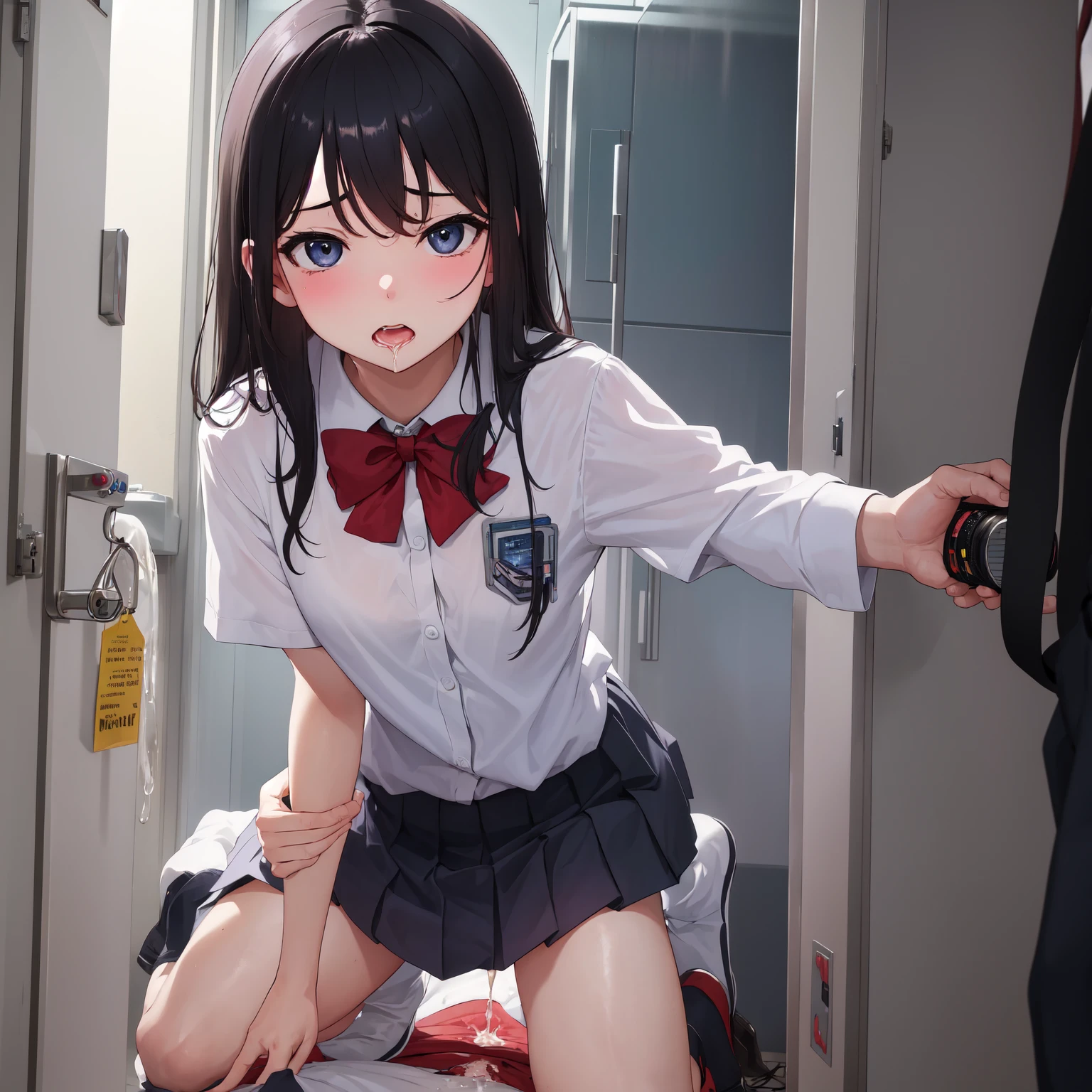 NFSW、masterpiece、Best image quality、Ultra-high resolution、Medium-sized elementary school girl、Black hair medium shorthair、Big red eyes、The inside of the hair has blue coloring.、Excited face、Please open your mouth a little、spread pussy、Perfect groin、((Spread your legs wide))、((pussy juice))、inside the ferris wheel
