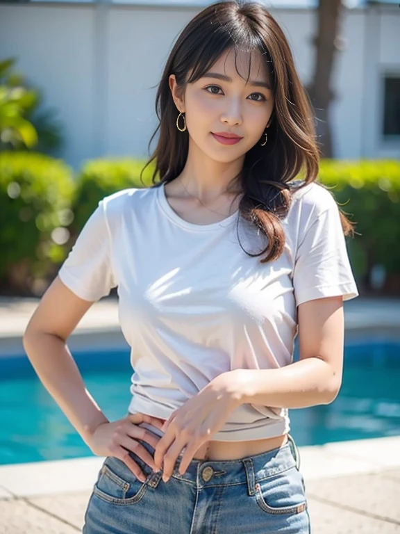 Highest quality, masterpiece, Ultra-high resolution, (Realistic:1.4), Beautiful woman,(Shortcuts) （Outdoor pool area）Beautiful Skin, Fine skin, 魅惑的なsmile, Bokeh, smile, Shortcutsヘア, Shorts,jeans,T-Shirts