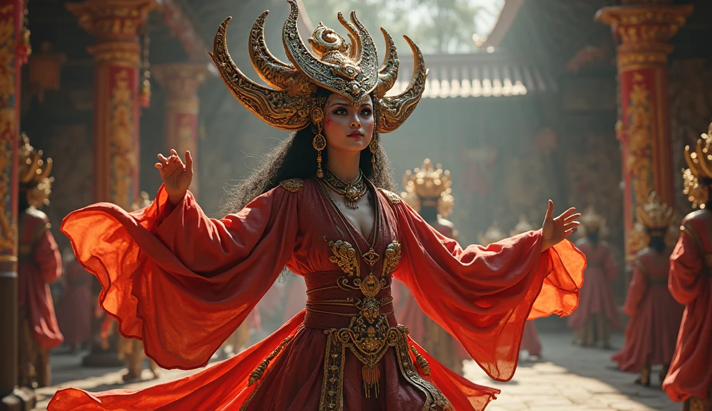 A majestic woman soaring gracefully through the sky, with long flowing hair trailing behind her. She wears an elegant, flowing gown that ripples in the wind, shimmering with shades of blue and silver. Her outstretched arms give the impression of  and strength, with perfect hands elegantly poised. Her body is anatomically perfect, exuding grace and beauty. The sky around her is a brilliant mix of sunset colors—orange, pink, and purple—casting a magical glow. Wispy clouds float around her, and the light from the setting sun highlights her serene, yet sad and melancholic expression, ((she wears an Intricate and enigmatic typical Venetian carnival mask)). Face partially hidden behind carnival golden metal mask. Mask covers part of her face, including part of her eyes. She flies over a lush medieval garden, filled with vibrant flowers and ancient stone pathways. The overall scene is ethereal and dreamlike, capturing a moment of pure liberation and beauty, while maintaining a SFW image. [(highly detailed face:1.4)], full body portrait, by lee jeffries, nikon d850, film stock photograph, 4 kodak portra 400, camera f1.6 lens, rich colors, hyper realistic, lifelike texture, dramatic lighting, cinestill 800