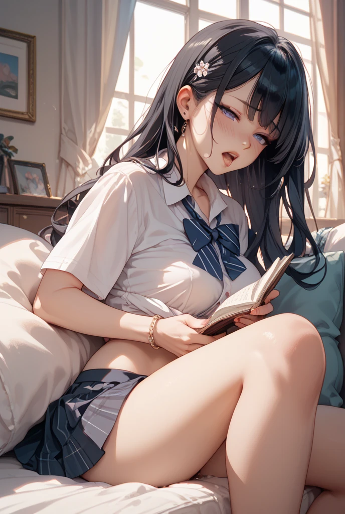A cute girl with her breasts accentuated falls asleep face down while studying at night