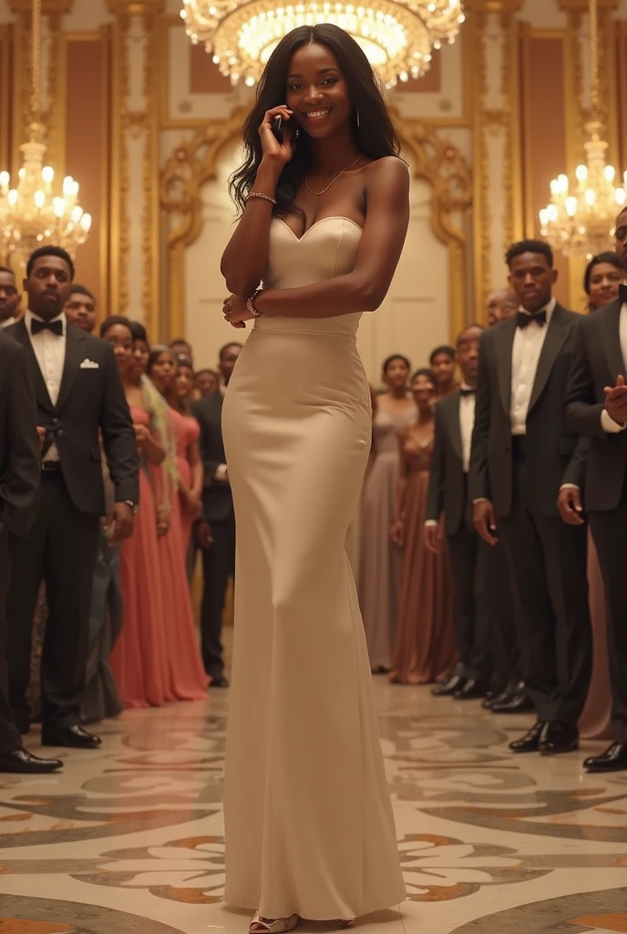 Robe blanche courte, warm lighting, detailed hands, Danseurs de fond, visage parfait, sans retouche, background : Large bay window with skyscrapers. Au-dessus des gens dansant, pas en tailleur.