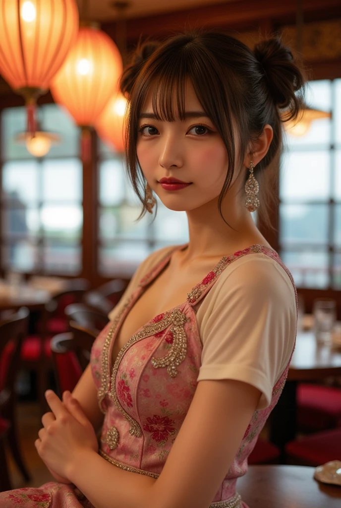 ((whole body from thighs:1.5)), ((Photorealism)),
((highest quality, 8k, masterpiece: 1.3)), Perfect body beauty: 1.4, (Breast A cup:1.2), Small breasts, Round shaped breasts, Perfectly shaped breasts, Highly detailed face, Beautiful woman, (Dark brown shortcuts), Slim face, Highly detailed face and skin texture, Highly detailed lips, Spread your legs, highest quality, masterpiece, 超A high resolution, (Realistic:1.4),
((18-year-old, Beautiful female college student)),
((Floral print cache-coeur dress, turtleneck, Do not expose skin:1.5)),
((Cute Earrings, Silver Necklace)),
((Private room at a bar, Dimly lit room at night, warping the chest,:1.7)),
((Sitting on the floor, I can see your beautiful thighs:1.5)),
((Sexy atmosphere, Gaze seducing a man, hold out your lips, A sigh escapes:1.2)),
((Point slightly upwards)),
((Squint your eyes)),
((purse your lips:1.2)),
((Blushing:1.2)),
((Open your mouth a little to show your white teeth)),
((Body facing forward)),
((Breast enlargement, Beautiful breasts, Cover your chest with your palms)),
Narrow shoulders, Long, slender legs, Thin waist,
Ultra-detailed skin, Glossy Skin, Ultra detailed face,
Ultra-detailed eyes, Slit eyes, Brown eyes, double eyelid, Beautiful thin eyebrows, Thin, long eyelashes,
Ultra-detailed lips, Fuller lips, Glossy pink lips, Flushed Cheeks, White teeth,
Beautiful actress's languid make-up, Pink lipstick, Smoky eyeshadow, Eye foundation,
Dark brown hair, Delicate and soft hair, Hair blowing in the wind,
(Elegantly putting your hair up, short hair, ponytail:1.5), Layered Cut, (Blunt bangs:1.2),