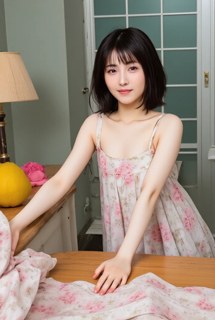 (Highest quality, masterpiece, Ultra-high resolution, 8K, RAW Photos, Realistic, Anatomically correct:1.5), 20-year-old girl:1.2, Embarrassing, avert your eyes, blush:1.0, View Viewer, ((bar)) 、Night view、 Light:1.2, Bokeh, Cinema Lighting:1.0, Depth of written boundary, sharp、 Cute face、Idol、Wine red short sleeve lace top、Black pleated skirt、wine colored clothes、”dwarf”、(Floral clothes)、(Full Body Shot)、Side angle、Cowboy Shot、 smile、((Ultra short hair、Berry Short))、(Straight bangs)、((See-through))、(( One Girl))、Waist、I can see your thighs、Large Breasts、