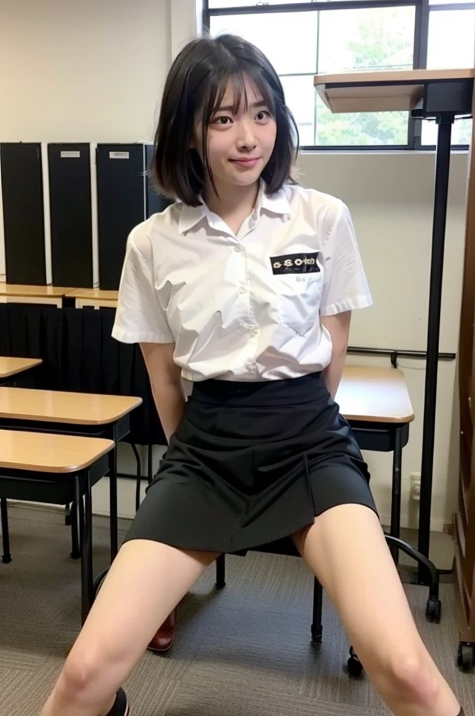 In 8K,Highest quality,The real picture,Intricate details,Ultra-high resolution,Depth Field,Masseter muscle area,Natural soft light,Professional Lighting,1 Girl,(cute:1.2),Very beautiful 17 year old girl,Detailed eyes,((Brown eyes)),(Black Hair),(short hair),(bangs),Perfect Skin,Shiny skin,Pure white skin,Fine skin,Big and ample breasts,((Perfect Anatomy,Nice hands,Perfect hands,Five fingers connected to the palm,Precise needles without discomfort)),Perfect Barefoot,Delicate legs,Perfect proportions,sexy,I can see your chest,((Japanese Uniform)),((Uniform Mini Skirt)),(tie),Black socks,Chano Leather Shoes,Lurking deep in the city,I can see your crotch,Show me your panties in the street,Both legs are bent,Spread your legs in an M shape,,I can see your pants,Slender thighs when viewed from the front
