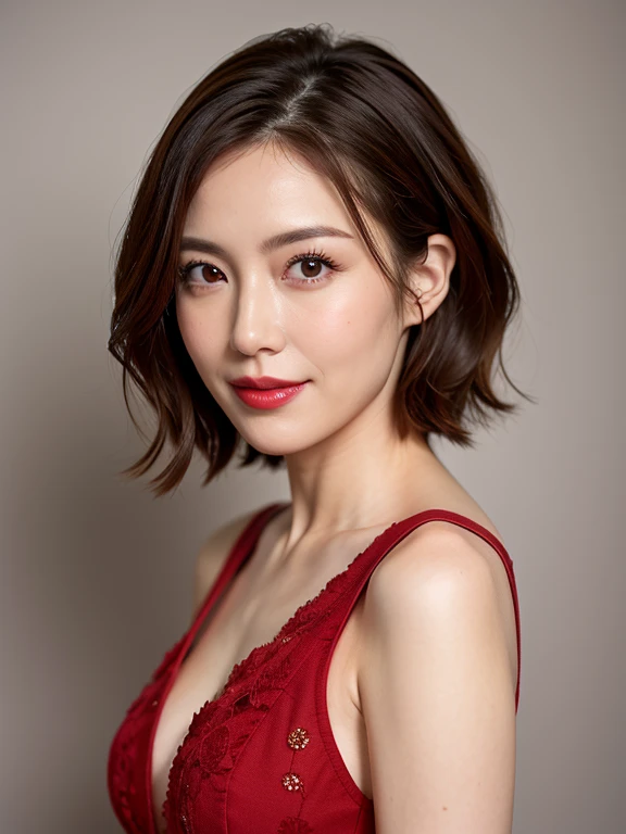 Tabletop, highest quality, Photorealistic, Very detailed, finely, High resolution, 8k wallpaper, RAW Photos, Professional, High level of detail, 1 girl, ((Red lips)), ((Looking at the camera)), (Look forward), Upper Body, short hair, Bob Hair, (Straight Hair), Shapely breasts, Cleavage, White V-neck light knit sweater, Plain background