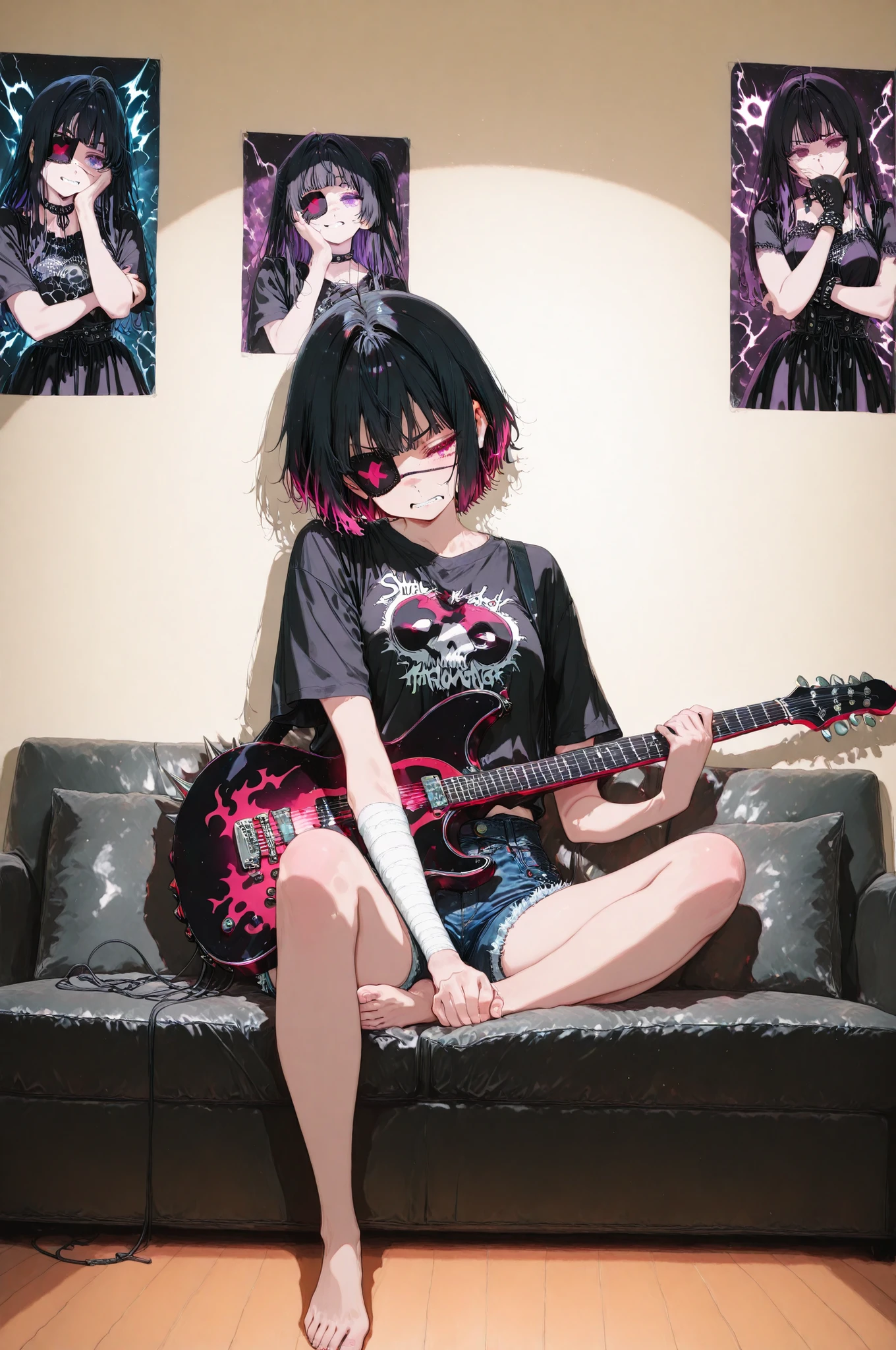 A girl intensely playing an electric guitar with heavy metal-inspired decorations, lounging on a black leather sofa in a live studio backstage room. She has short black hair with purple mesh highlights, styled in a messy cut. She's wearing a graphic print T-shirt, denim hot pants, and is barefoot. Her left eye is covered with a black eyepatch, and her right arm is wrapped in tattered bandages, hinting at a chuuni (chuunibyou) personality. The guitar has spikes, dark patterns, and an aggressive shape. The room is cluttered with music gear, cables, posters, and gives off a gritty, rebellious vibe. Her pose and expression show a mix of passion, delusion, and confidence, embodying a dramatic, theatrical mood. chuunibyou aesthetic, edgy character design, 8k, detailed lighting, cinematic mood, electric guitar, rockstar vibes, dramatic expression, soft shadows, casual fashion, full body, studio background, gothic punk style