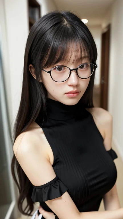(Highest quality:1.5), (Real:1.4), (Ultra high definition:1.4), (No correction:1.4), (skinny Japanese woman with average size breasts standing front plain background in studio), (A woman wearing black-rimmed glasses), (Very small eyes), (breasts of average size), (Average height), (Cover your forehead with bangs), (Long black hair), (Dark personality expression), (Black maid outfit), (black hair woman is standing with black maid outfit front plain background in studio), (woman viewed from the front), (Plain background), (Cowboy Shot), (Cold expression), (upright), (A woman with long black hair and glasses), (Bangs that cover the forehead), (Sharp and tiny eyes)