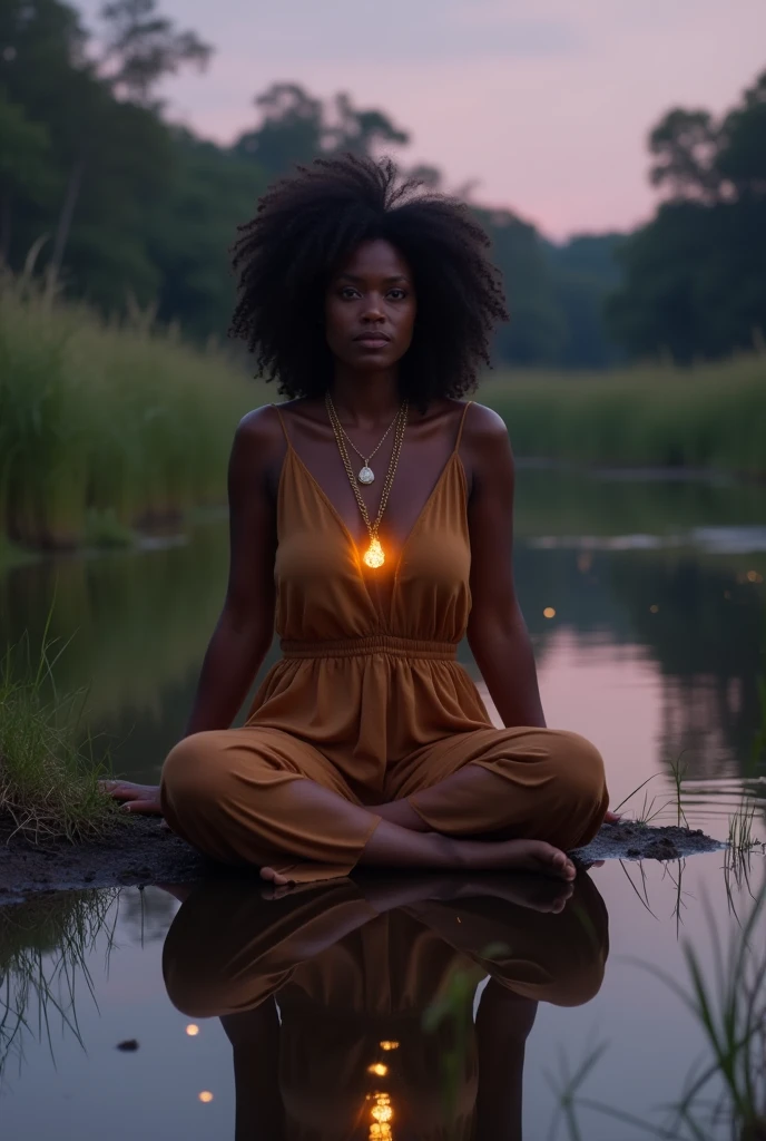 Wide angle shot of an African woman dressed in African designed monk clothes, sitting in a buddha position of meditation, sitting in a forest, leaves floating in circular rotation around them, sunrise in the scene shining, with beautiful iridescent light, artgerm style, 32k, ultra HD, unreal engine rendered, hyper-realistic image, octane 3d rendering,