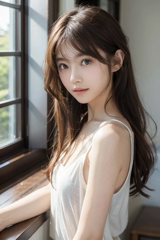 masutepiece, Best Quality, 8K, 1 girl, 20 yo, Full body, Solo, Cute, Girly, Delicate girl, Neat and clean beauty, Raw photo, Professional Photography, Portrait, Soft light, Professional Lighting, Back lighting, look forward to your eyes, Sophisticated, Film grain, (Eyes and faces with detailed:1.0), medium length floating hair, Beautiful flowing hair, Bangs,