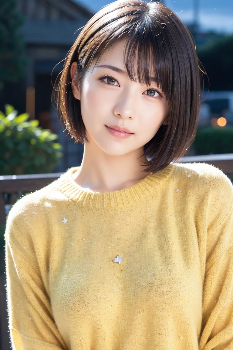 (highest quality,masterpiece:1.3,Ultra-high resolution),(Super detailed,Caustics,8k), (Photorealistic:1.4, RAW shooting),dusk,Sunset sky,Dimly lit classroom,Japanese,20-year-old,smile,Black Hair Middle Hair,(Summer Sweater),Big Breasts,Bust up shot,Natural light