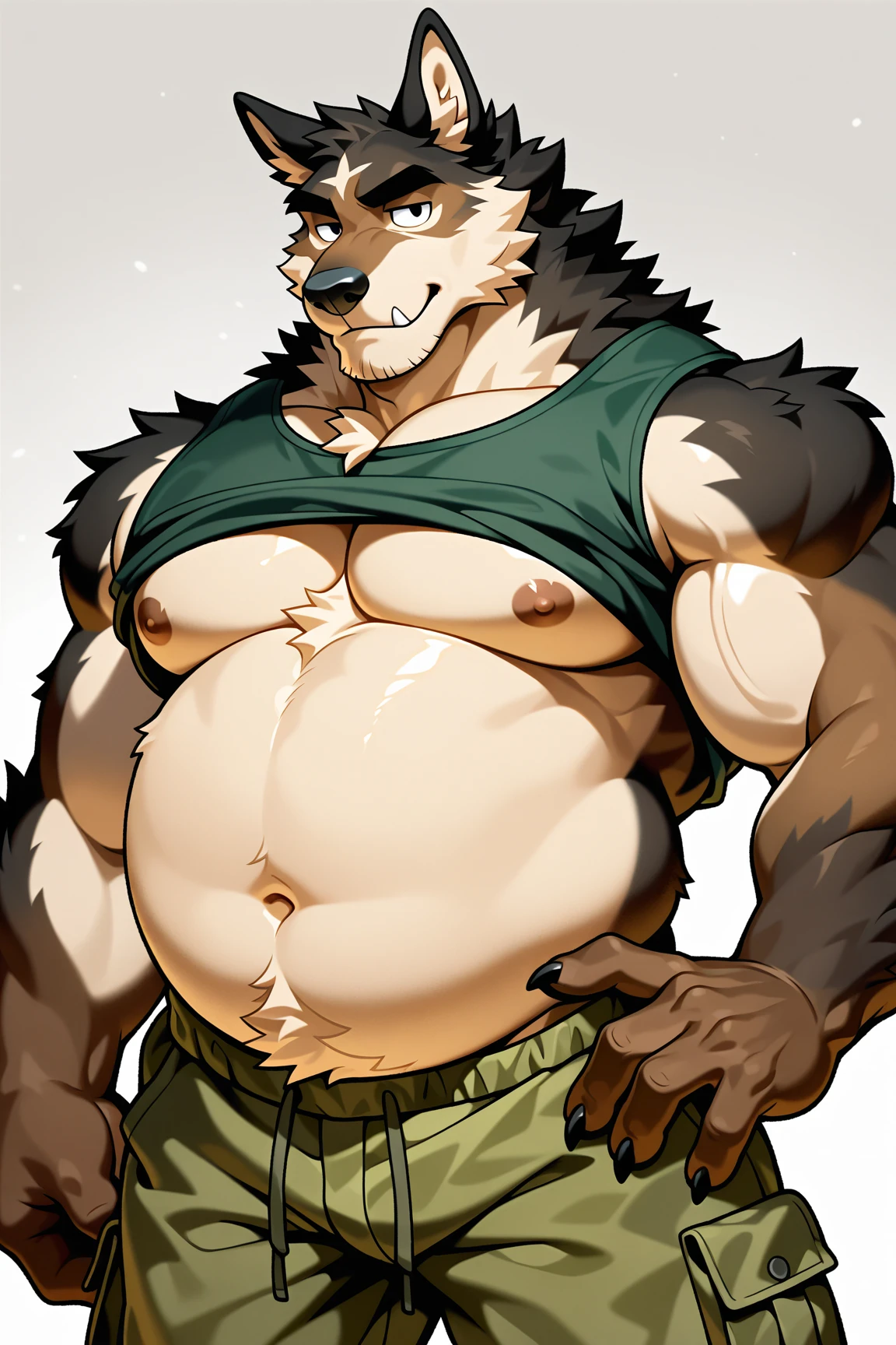 Wolf, By Haps 1boy, abs, animal ears, bara, bulge, full body, white background, Seminude, Boxers, side, Standing, feet, holding Katana,