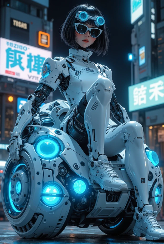 8k , capolavoro, Supreme quality,  Cyborg girl dressed in school uniform , body blu e bianco, sunglasses with blue lenses, black hair pixie cut, spalle robotiche, sitting on a high-tech device, shoot a giant 60's robot, bright blue elements, elegant sci-fi design, clean and white aesthetics, cavi e fili, tecnologia avanzata, render 3d, iperrealistico, texture dettagliate, studio lighting, dark city background, stile cyberpunk