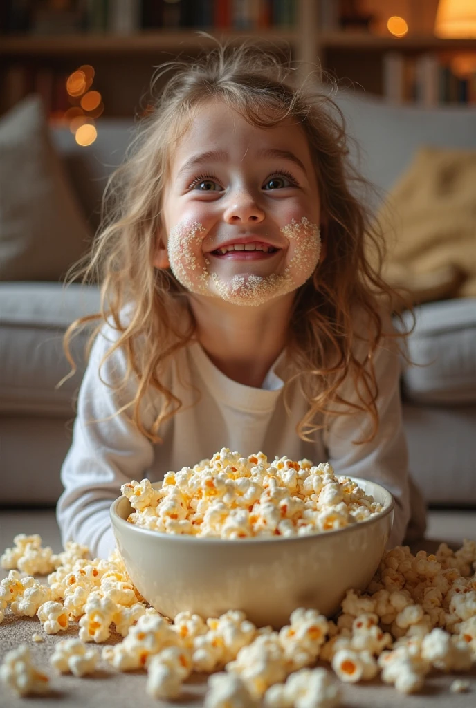 girl CHILD 10 years old, Russian blonde in braids, COMENDO MILHO, POPCORN,