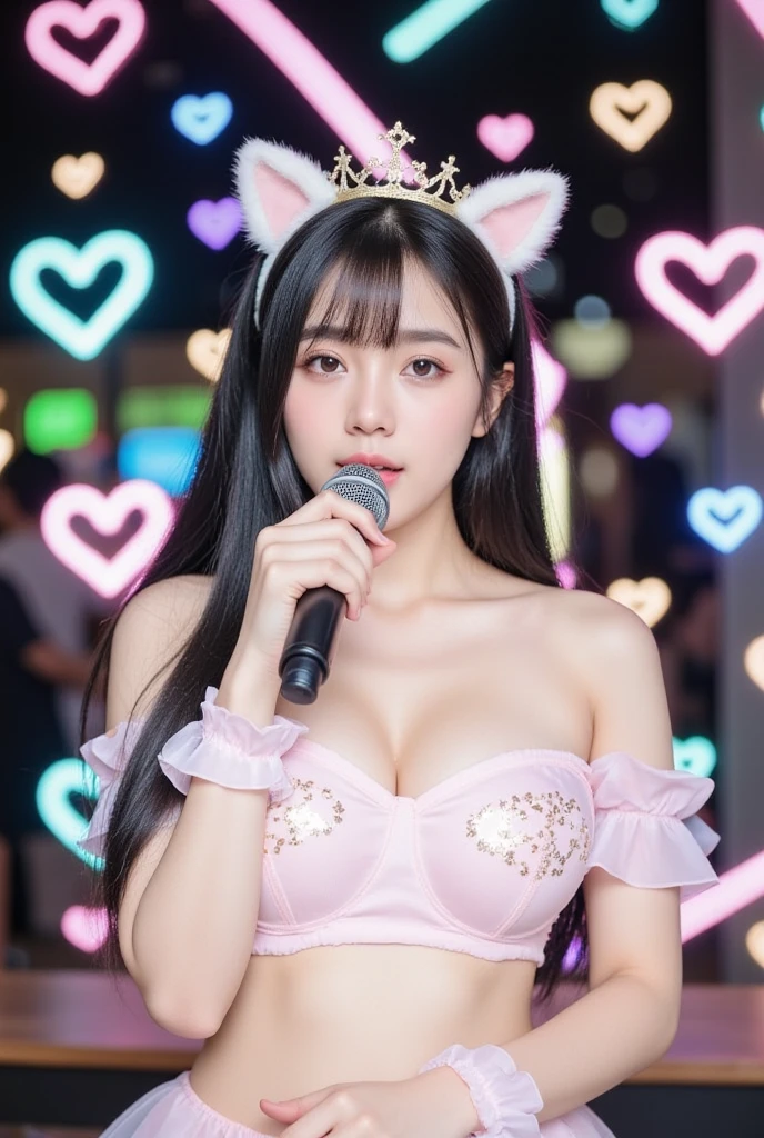 (masterpiece:1.3), High resolution, Super detailed, Highly detailed CG Unity 8k wallpaper, Realistic, photo-Realistic, RAW Photos, Beautifully detailed face, Pale skin, Realistic glistening skin, Detailed cloth texture, Detailed hair texture, Perfect body, Beautiful Face, Accurate, Anatomically correct, Highly detailed face and skin texture, Natural neck length, (Beautiful Hands), (Fair skin:1.1), (Good teeth alignment:1.1), (Sweaty skin:1.2), BREAK, Fine grain, Symmetrical eyes, Light brown eyes, double eyelid, Thin eyebrows, (Glossy Lips:1.4), ((A face waiting for a kiss:1.2)), (blush:1.1), (Sparkly little hair accessories:1.1), (Beautiful smile:1.1), (Holding a microphone:1.3), BREAK, (An elegant and cute 15-year-old junior idol:1.3), (nude, nsfw, Very erotic nipples:1.4), baby face, BREAK, small breast, Slim figure, Toned Abs, ((Half Up, Black Hair, bangs:1.2)), (Cowboy Shot:1.2), (View your viewers), Cowboy Shot, From above, BREAK, (Singing on stage:1.3),Harajuku、20 years girl、Cute、Sexy shot looking at camera