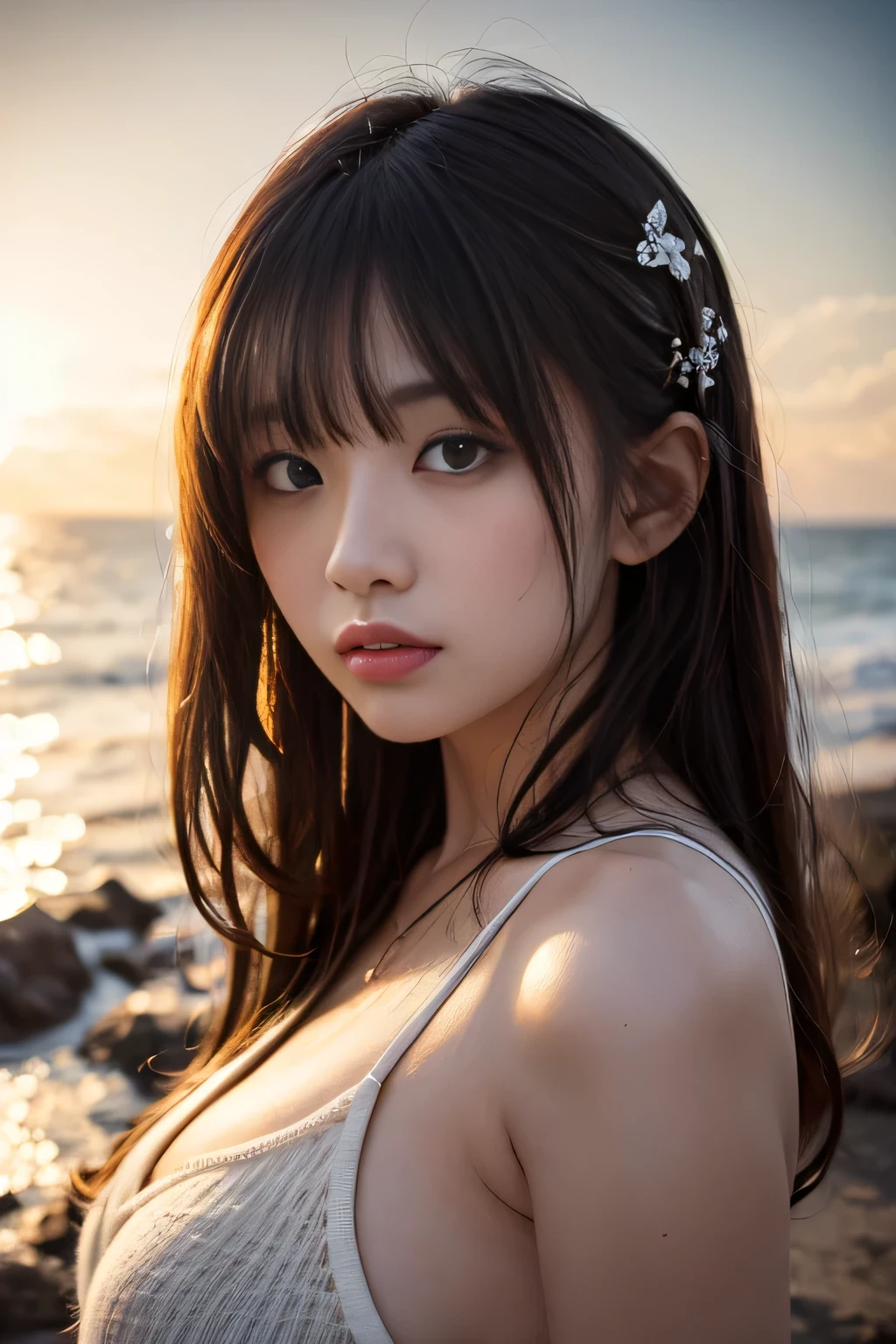 Sexy Big 、Sexy and cute expression╰(*´︶`*)╯♡18歳の可愛い女の子, beautiful and sexy face、A strong wind blows my hair in front of my face、With straight blonde hair、beautiful, Cute and sexy eyes hidden behind long bangs、Tops Fluorescent Bikini、Sunburned skin