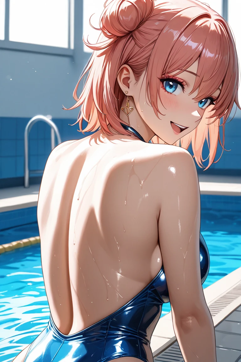best quality, insanely detailed,ichika nakano, poolside background, breasts, blush, back style, Ruffle bikini, Cute, Cute bikini, nipple, look into the distance, nsfw