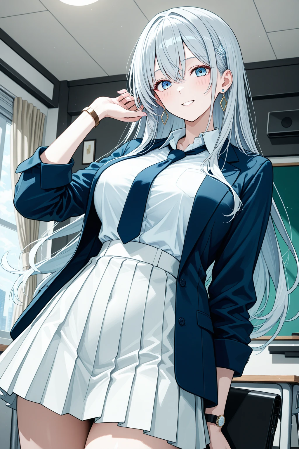 18-year-old、Silver Hair、Medium straight hair、Undulating hair、Small Head、White Uniform、cute、Short skirt、Configuration from the front、classroom、Expressionless、blush、Composition from the waist up、Put a popsicle