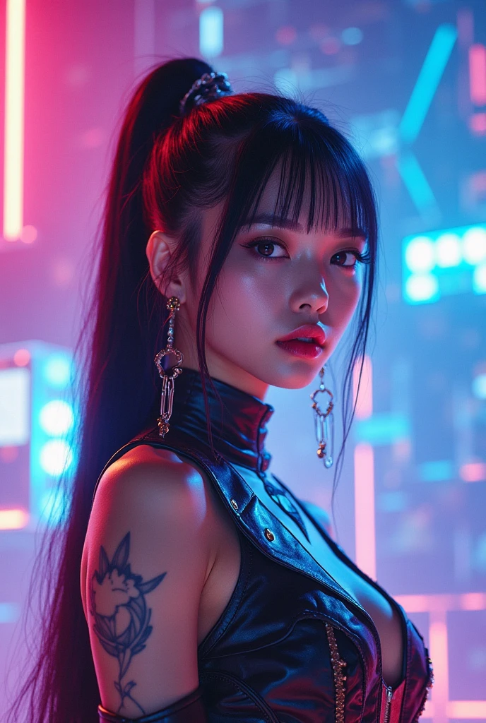 A (((cosplayer girl))) embodying the essence of the night, with a pale complexion and black hair styled in (((pigtailss))), (((wearing a fantastical Jepara-inspired humanoid snake Dragon cyborg outfit))), illuminated by LED-lit strands in a club-like backdrop, evoking a sense of dramatic lighting that brings a cinematic atmosphere