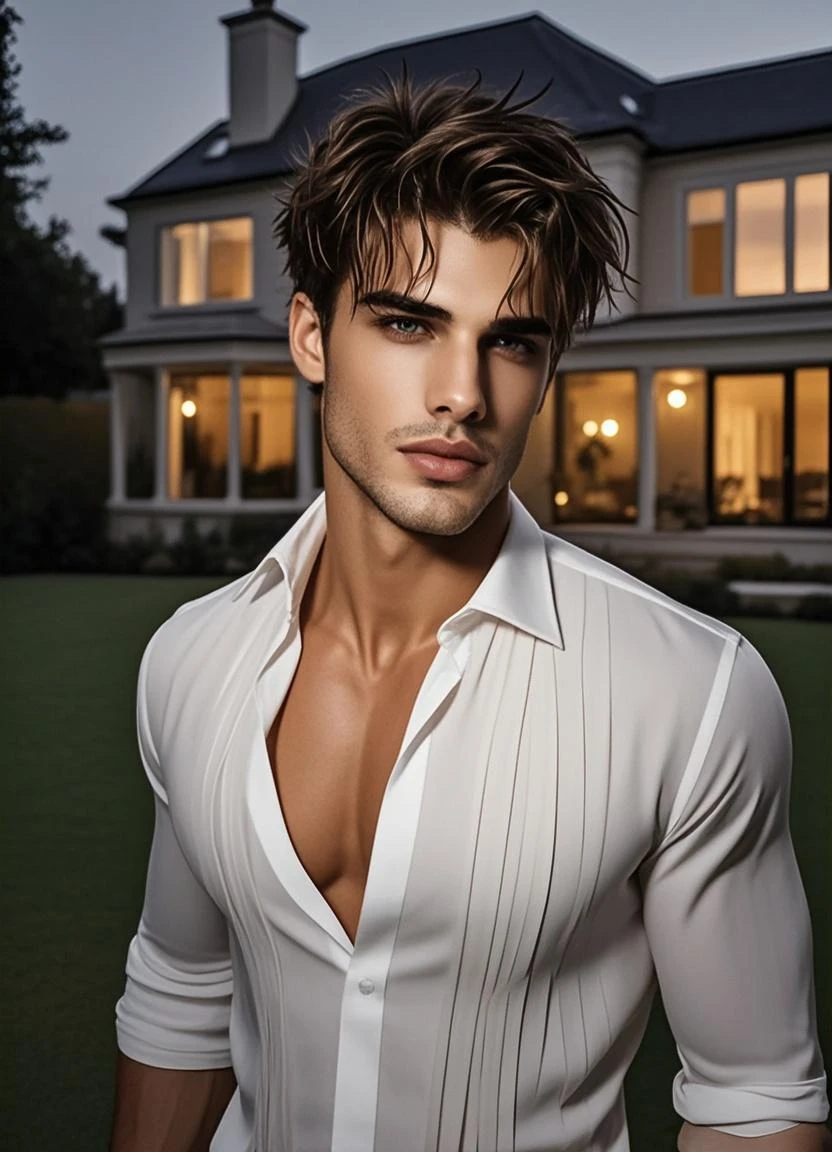 An 18-year-old fuckboy musclegod, embodying the perfect fusion of Joey Lawrence and Cody Calafiore and Spencer Boldman with long hair, showcasing his swoll pecs in a form-fitting bridal-inspired diamond and voile shirt. Enhanced with HDR technology, this image depicts a true masterpiece, 8K resolution, outdoor lighting, majestic pose, perfect muscle structure, in the style of Modern Bride Magazine, low-cut midriff, pec cleavage, by Rick Day