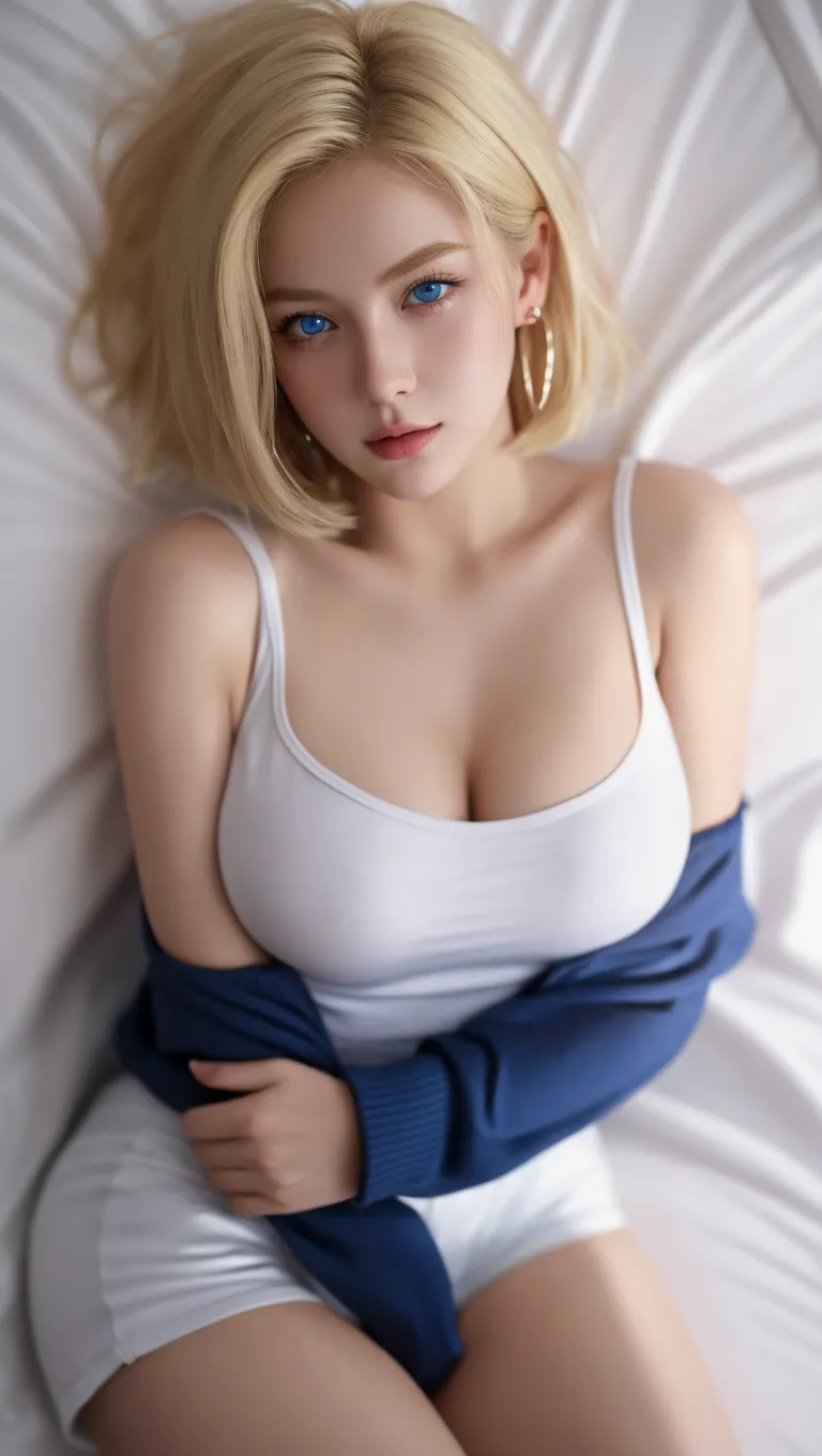 bed、A white woman lying down、Platinum Blonde、Bronto Hair、Blue Eyes、White tank top、Denim shorts、Sunburnt black skin、Emphasize the chest、Emphasize cleavage、Nordic Beauty、Swedish、Perfect proportions、Big Breasts、Nipples