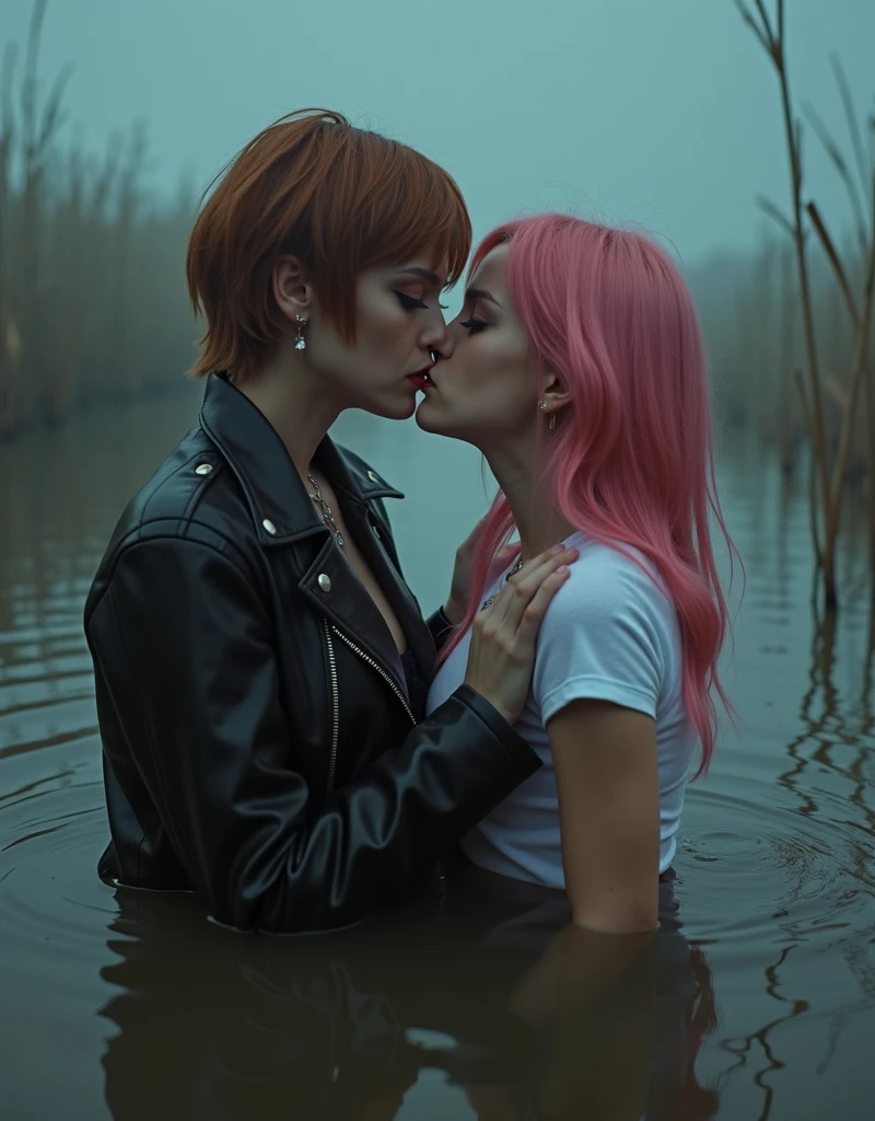 A beautiful detailed illustration of a boy and a girl kissing in a car during a severe rainstorm, masterpiece, best quality, super detailed, pink haired girl in a white pleated shirt with a cracked button on the chest, upskirt, boy with black hair in a black catsuit and black pants, realistic, photorealistic, photo-realistic, (best quality, 4k, 8k, highres, masterpiece:1.2), ultra-detailed, (realistic, photorealistic, photo-realistic:1.37), HDR, UHD, studio lighting, ultra-fine painting, sharp focus, physically-based rendering, extreme detail description, professional, vivid colors, bokeh,portraits, concept artists, dark moody lighting, dramatic lighting, cinematic, overcast, heavy rain