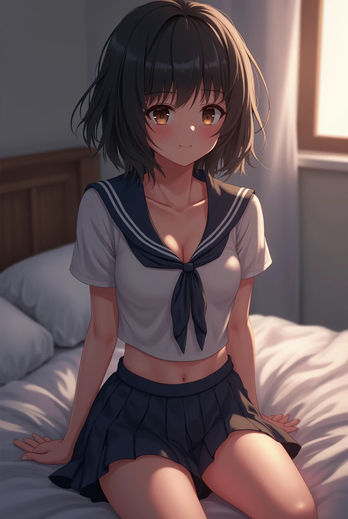 (masterpiece,Highest quality:1.3,best quality illustration),realistic,cowboy shot,1woman,30 year old Japanese beauty,((very small head:1.4)),short bob hair,brown hair,bangs,brown eyes,gorgeous eyes,shy,Heavy breathing,((Dark blue blazer jacket、White Shirt、Blue tie、Navy blue mini skirt、black thighhighs)),navy uniform,small breasts,((very long body:1.4,tan skin:1.3)),(toned body,slender body,skinny),gleaming skin,shiny skin,sweat:1.2,standing,sitting,Simple bedroom、Simple bed、