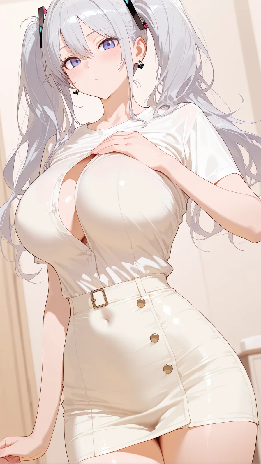 gesture:Handjob、Wet、(Her dress shirt is see-through and her bra is visible:1.4)、skirt、(Unbroken body),(Perfect body structure),(arms two),(legs two),highest quality, 4K, (High resolution:1.3) masterpiece, 1.2, Super detailed, HDR, Studio Lighting, Sharp Focus, Bright colors, Portrait, Warm tones, Soft Lighting,Silver Hair、Blue eyes、